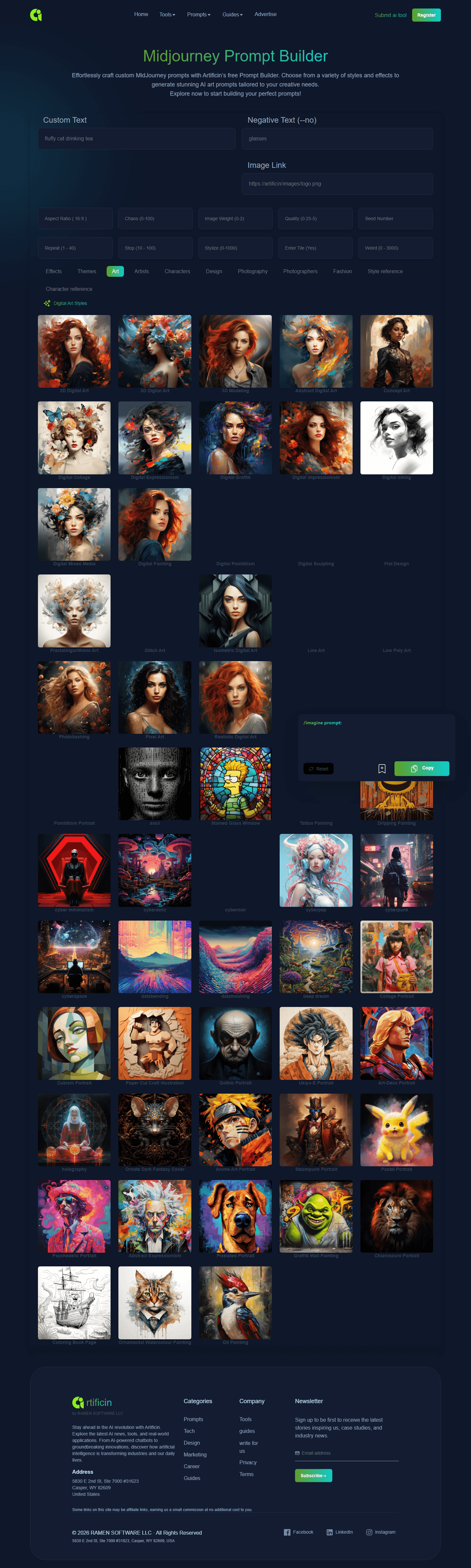 Midjourney Prompt Builder homepage screenshot
